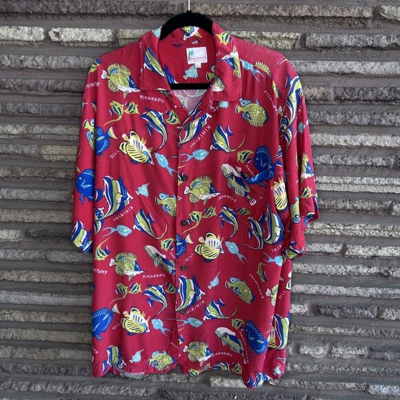 Vintage Reminiscence by Stewart Richer Red Hawaiian Fish Loop Collar Shirt - Picture 10 of 10